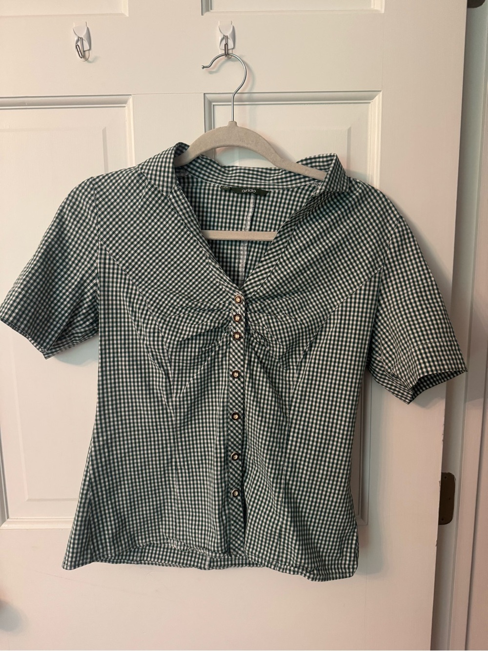 Gingham Button-Front Short Sleeve Blouse - Green